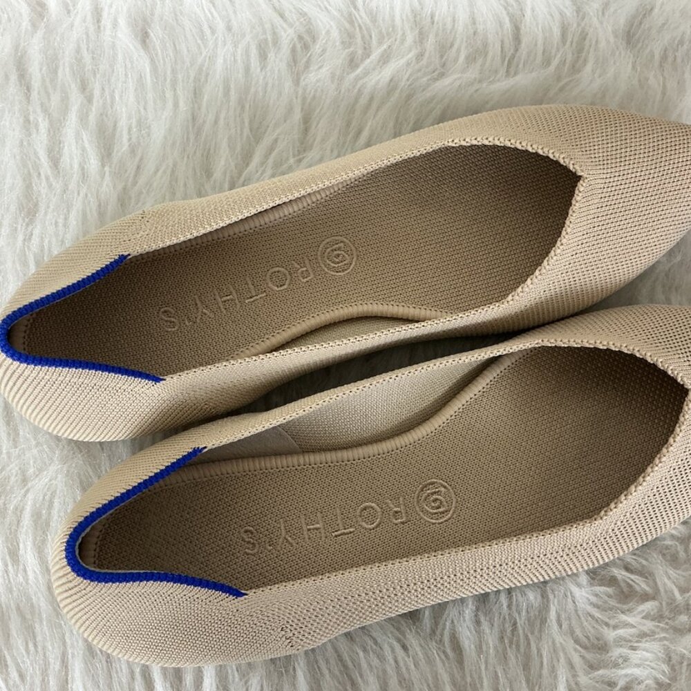 Rothy's Beige Pointed Toe Flats with Blue Trim - Picture 6 of 9